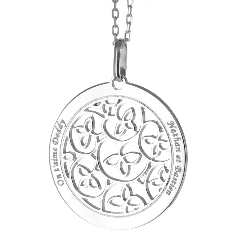 Pendentif rosace argent gravé chaine