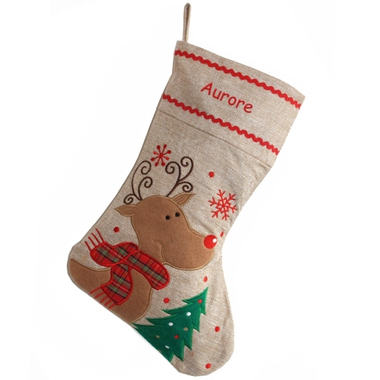 Chaussette de Noël en lin brodée Chaussette de Noël en lin brodée