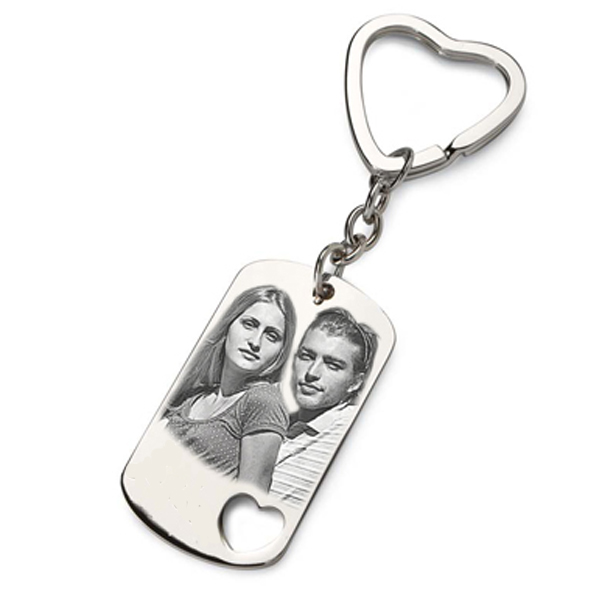 Porte-clés plaque coeur ajouré gravé avec photo