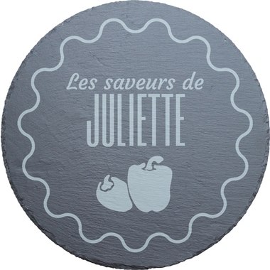Plateau rond en ardoise gravé etxet et motif Plateau rond en ardoise gravé etxet et motif