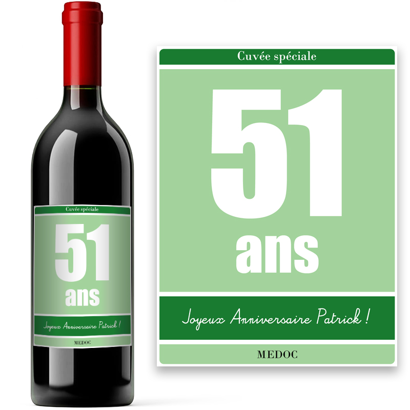 Bouteille de vin avec étiquette anniversaire vert