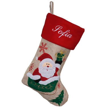 Botte de Noël lin design Papa Noël prénom brodé Botte de Noël lin design Papa Noël prénom brodé