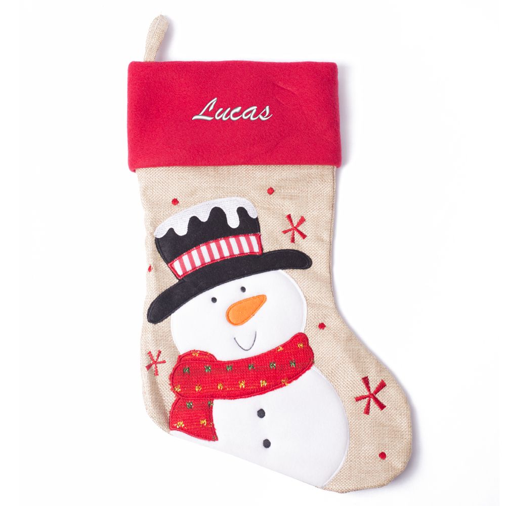 Botte de Noël effet lin et feutrine Bonhomme de Neige brodée prénom