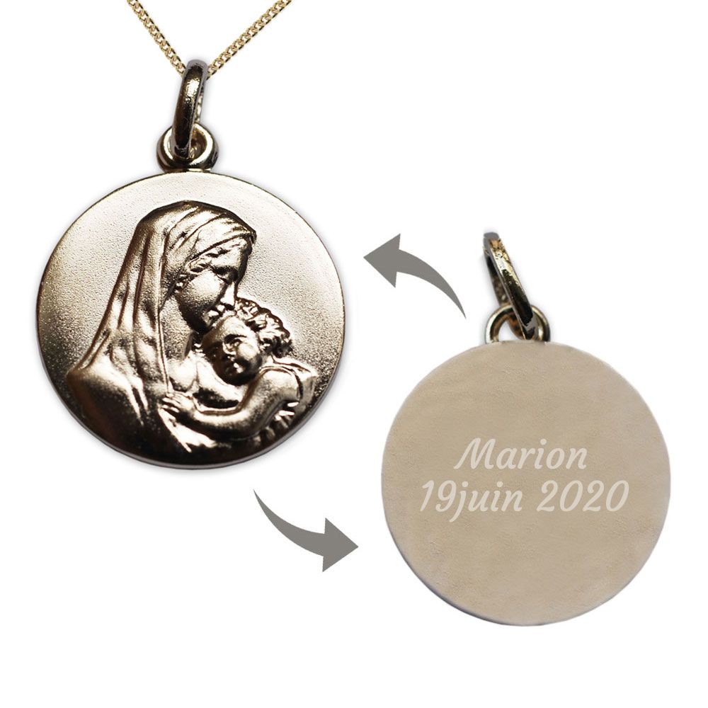 Médaille de baptême Vierge à l'enfant en plaqué or personnalisée