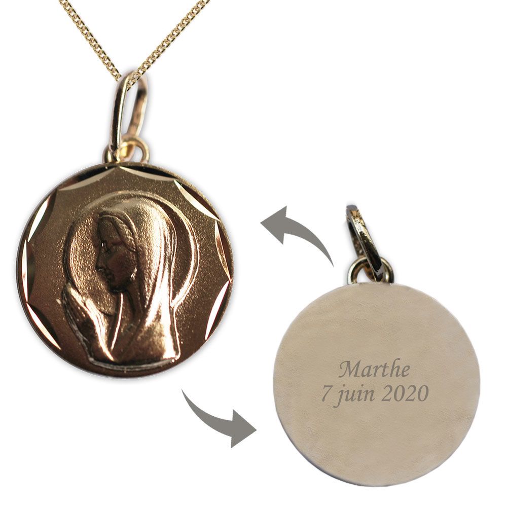 Médaille de baptême Vierge Marie plaqué or personnalisée